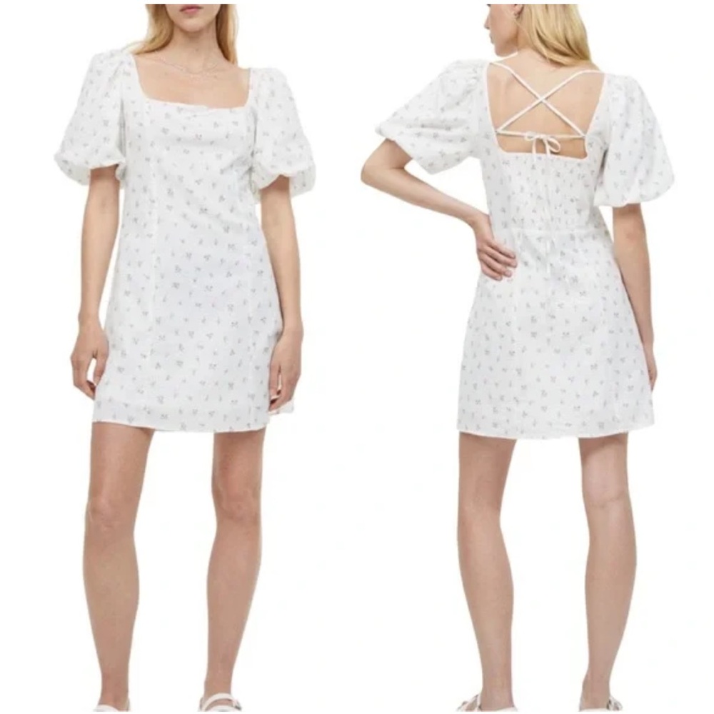 H&M: White Puff Sleeve Floral Mini Dress